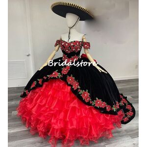 Luxury Organza Ruffles Mexican Quinceanera Dresses Black With Red Gothic Embroidery Flowers Sweet 15 Ball Gown Vestidos Xv Años Vestido De 15 Anos 2022 Robe De Bal