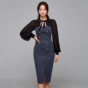 Office chiffon stitching bow dress Korea Ladies Long Sleeve crew neck formal Party Dresses for women clothing 210602