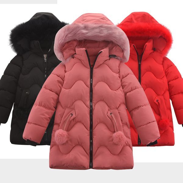 Jackets Baby Girl Clothes Winter Coat, Children&#039;s Thick Down Jacket, Warm Pocket Hair Ball Long Fur Collar Hooded Jacket