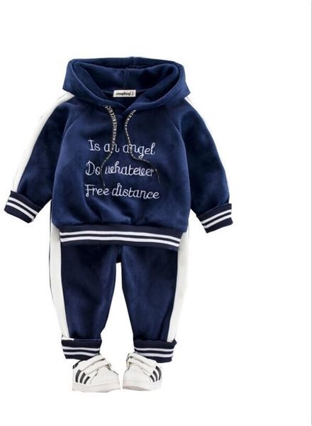 Winter Baby Girls Boys Clothing Sets Kids Casual Letter Hooded Thicken Velvet T Shirt Children&#039;s Sports Suit Clothes 0- 4 YEARS 201125