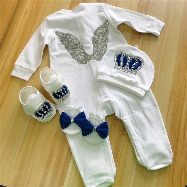 Baby Rompers Girls Boys Infant Cotton Clothes Set Hat Shoes Gloves Welcome Newborn Crown Jewelry Angel Wing Pajamas OUtfit LJ201223