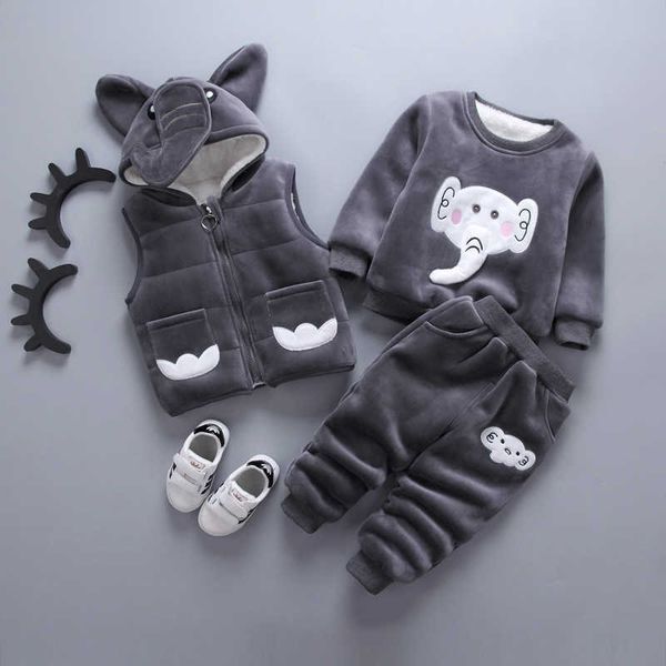 Baby Clothing Winter Boys Girls Clothes Sets 3 Pcs Cartoon Infant Jacket Hooded Vest Coat Plus Thick Velvet Warm Kids Suit 0-4y G1023