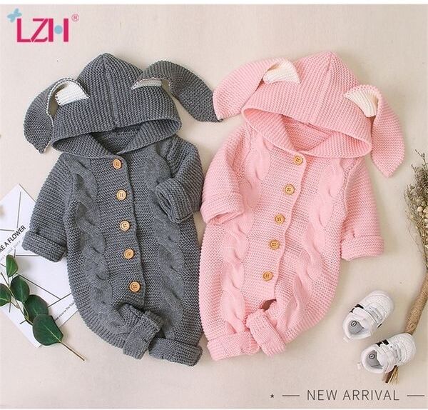 Autumn Newborn Cardigan Hooded Rompers Baby Girl Boy Clothes Fashion Infant Costume Kids Toddler Knit Jumpsuit 210309