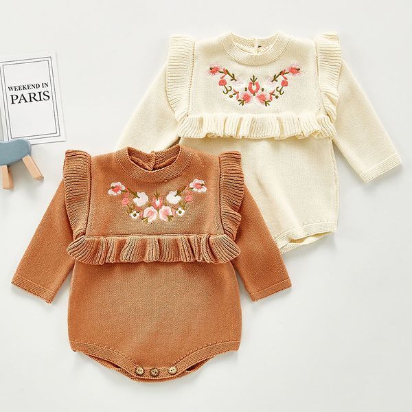 0-3Yrs Baby Girl Knit Embroider Rompers Spring Autumn Long Sleeve Fashion Infant Clothes 210429