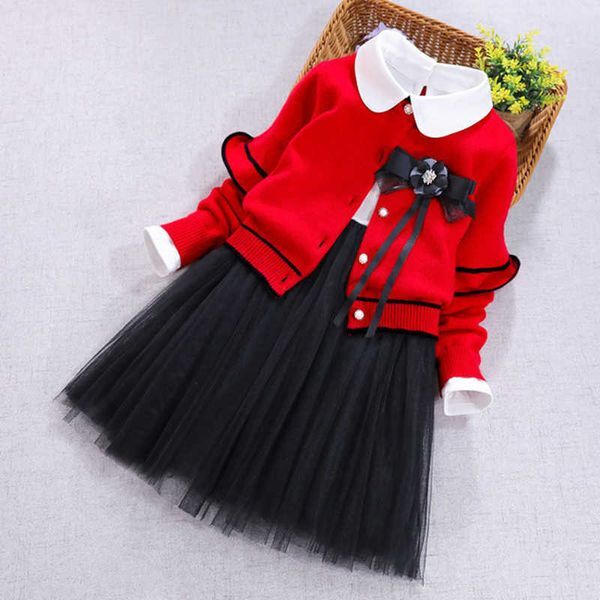 Fashion Kids Girl Clothes 2 Piece Set Red Cardigan Sweater Coat Long Sleeve Cotton Mesh Patchwork Dress Princess Girls Clothing 210713