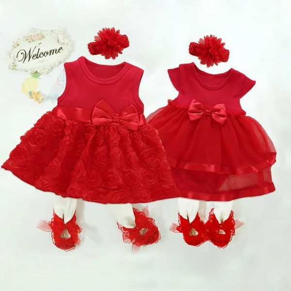 Girl&#039;s Dresses Baby Girls Dress Summer Headband Shoes Set 1st Birthday For Girl Ball Gowns Princess Clothes Red Bow