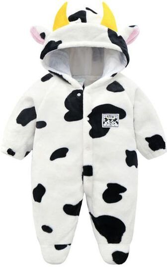 Jumpsuits 0M-18M Born Infant Baby Boys Girls Winter Flannel Kawaii Cartoon Cow Spots Print Hooded Romper Jumpsuit Clothes Sets