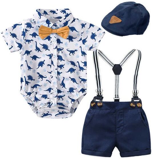 Summer Baby Boy Clothes with Beret for Newborn Romper Set Cotton Dinosaur Pattern Printed Jumpsuit + Suspender Shorts Kid Outfit G1023