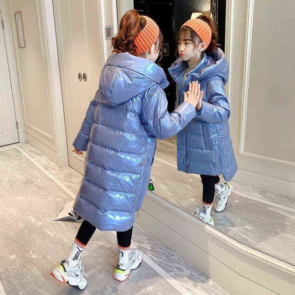 Winter Girls Jacket Coat Kids Hooded Long Outerwear Waterproof Bright Reflective Children Clothes 4 5 6 7 8 9 10 11 12 13 Years 211111