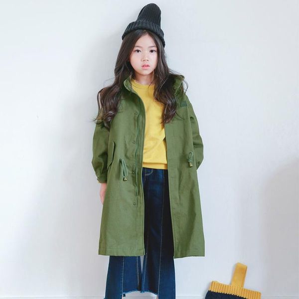 Coat 2021 Trench Girls Wear Spring Hooded Green Windbreaker For Teen Kids Clothes Big Long Jacket A Teenager 8 9 10 12