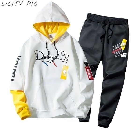 LICITY PIG tracksuit men print hoodie sweatpants teengers sport suits student casual outfit style sweatsuits jogging men set 201128