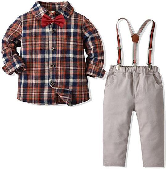 Clothing Sets Baby Boys Clothes Set Autumn Spring Long Sleeve Plaid Shirt + Suspenders Pant Children Kids Fashion Casual 2PCS Outfits