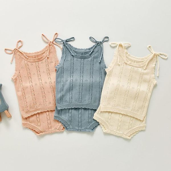 Clothing Sets 0-3Yrs Summer Children Knit Sleeveless Hollow Out T-shirt Shorts Suit 2Pcs Kids Baby Girl Clothes Infant SetsClothing