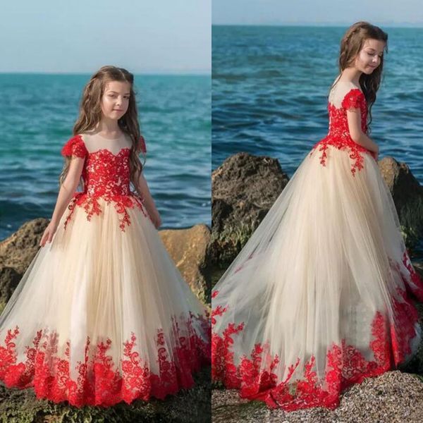 Girls Pageant Dresses 2018 Red Lace Champagne Tulle Short Sleeve Flower Girl Dresses For Garden Beach Wedding Custom Made China EN10234