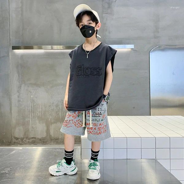 Clothing Sets Boys Clothes Summer Grey Sleeveless T-shirt Shorts 2PCS Kids Children Outfits Teens Tracksuit 6 8 10 12 14 Y