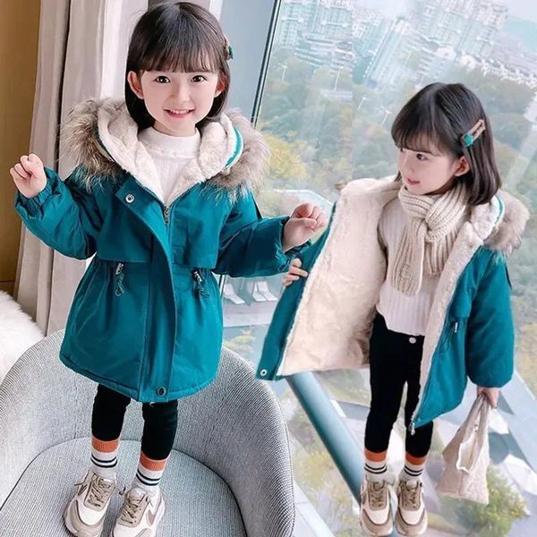 Down Coat 2-7 Years Winter Plus Velvet Warm Kids Windbreaker Jacket For Girls Fashion Fur Collar Hooded Children&#039;s Outerwear Clothing