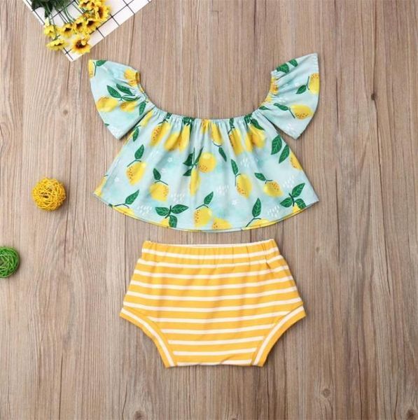 16Y Summer Toddler Kids Baby Girl Clothes Sets Lemon Print Off Shoulder Top Shorts Pants Outfit Set9063197