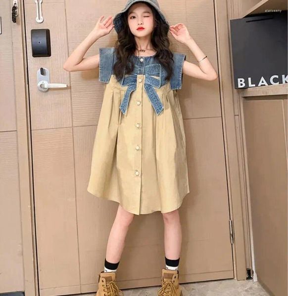 Girl Dresses Denim Patchwork Dress Summer Short Sleeve Bow Casual Style Teenage Clothes Children 6-16 Years Wz1181