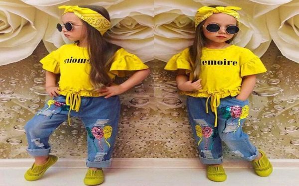 Baby Girls Clothes Summer Fall Suits Yellow Letter Short Sleeve T Shirt Jeans Headband 3pcsSet Sequins Balloons Pants Kids Cl8548154