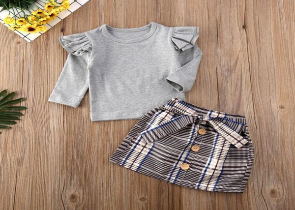 2020 Kids Baby Girl Autumn Winter Clothes Sets Solid FlySleeve Pullover Tops Plaid Bowknot Skirts Outfit Set7119317