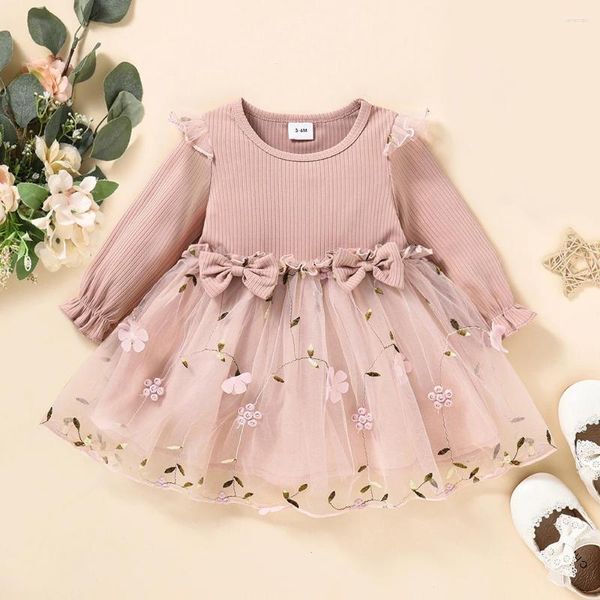 Girl Dresses Autumn Baby Dress Long Sleeve Toddler Girls Clothes Bowknot Floral Gauze Born Party And Birthday 0-3 Years