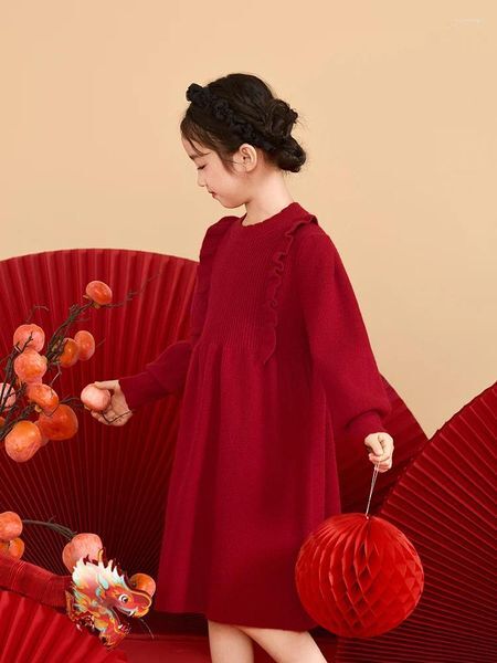 Girl Dresses 2024 Autumn Children Kids Dress Christmas Girls Clothes Red Knitted Ruffles Girl&#039;s Long Sleeve Sweater 4 5 6 7 8 Years