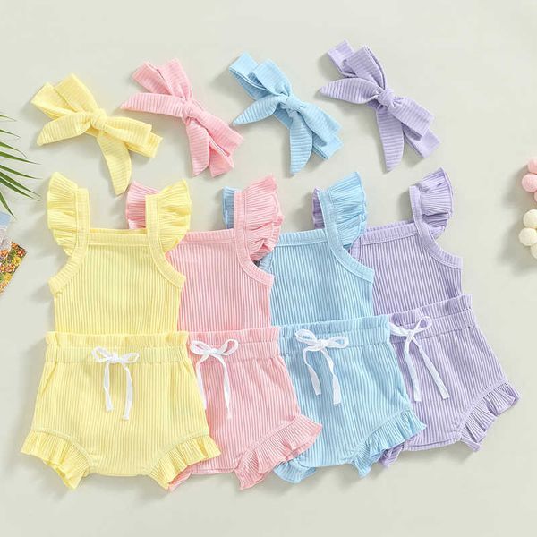 Clothing Sets FOCUSNORM 3pcs Infant Baby Girls Boys Clothes Sets 0-18M Solid Ribbed Ruffles Fly Sleeve Romper Tops+Shorts Clothing AA230504