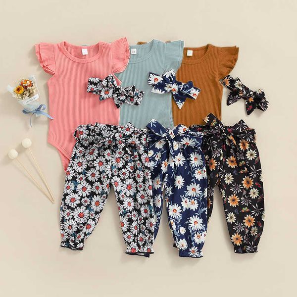 Clothing Sets FOCUSNORM 0-24M 3pcs Baby Girls Summer Clothes Sets Fly Sleeve Solid Romper Tops Floral Printed Pants Headband AA230504