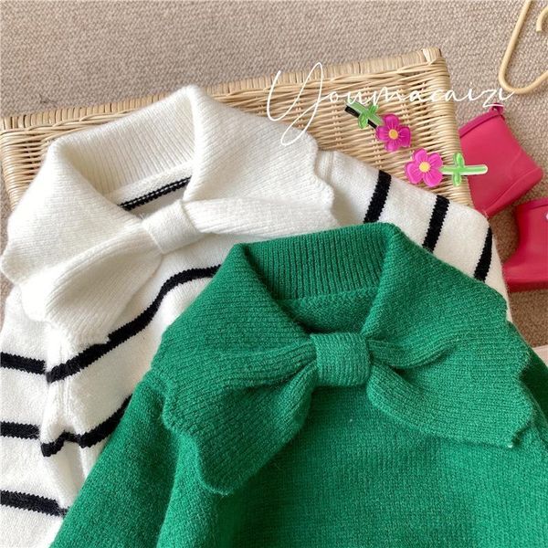 Pullover Girls Clothes Winter 2023 Korean Baby Children Green Thick Bow Sweater Knit Top