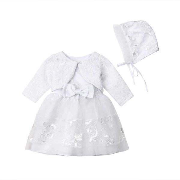 Girl&#039;s Dresses 2020 Baby Girls Ivory Lace 3Pcs Clothes Set Fashion Babies Casual Party Christening Dress Bonnet Jacket 0-18M ropa de bebe nia AA230531