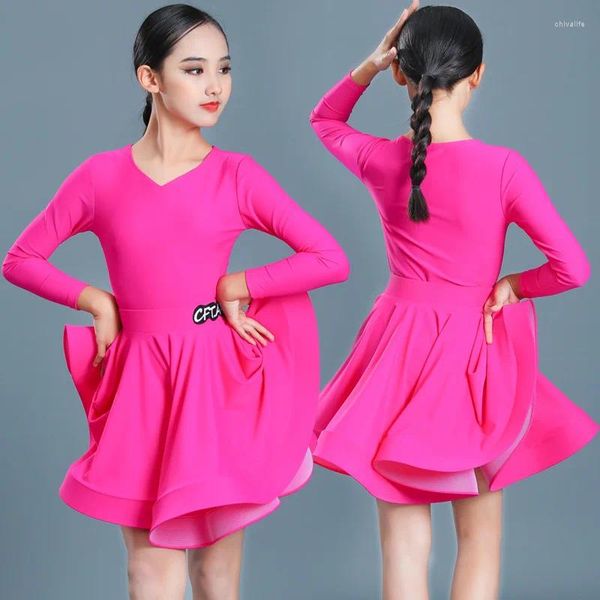 Stage Wear Latin Dance Skirt Girl Professional Competition Training Clothes Women/Children Performance Dresses Long Sleeved