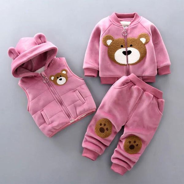 Sets Clothing Sets Winter Baby Boy Clothes Sets Autumn Cotton Thick Warm Hooded Sweater Cartoon Cute Bear ThreePiece Baby Girl Suit 05Y