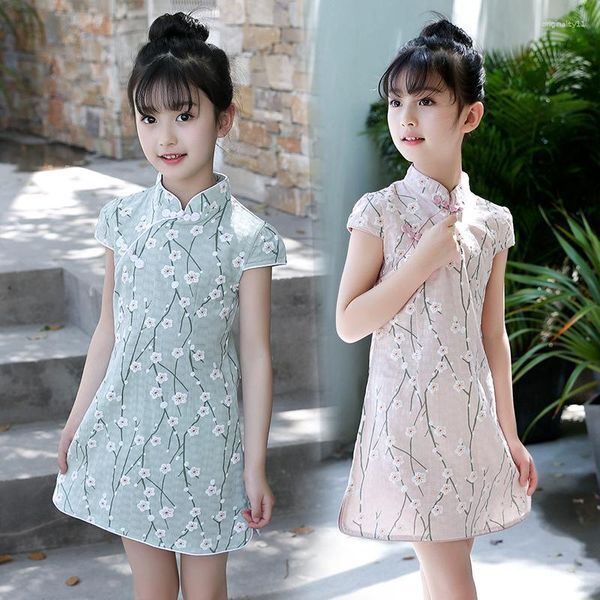 Girl Dresses Summer Dress Cheongsam Chinese Style Short Sleeved Qipao Cotton Kids Performance Party For Girls Age 5 7 9 10 12 14