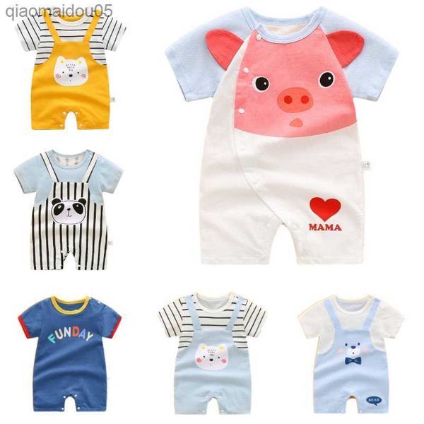 Newborn Baby Boy Cotton Cartoon Panda Strap One-piece Jumpsuit Romper Baby Girl Short-sleeved Printed Clothes 0-24M L230712