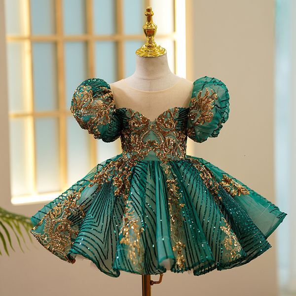 Girl&#039;s Dresses Kids Luxury Party Green Gold Dresses for Girls Size 3 To 14 Years Birthday Po Shoot Gown Evening Formal Lace Dress Prom Frock 230731