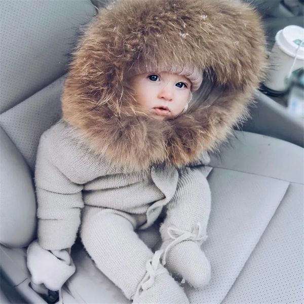 Rompers Rompers Baby Boys Girls Rompers Infant Winter Clothes Born Baby Knitted Sweater Jumpsuit Fur Hooded Kid Toddler Outerwear 231031