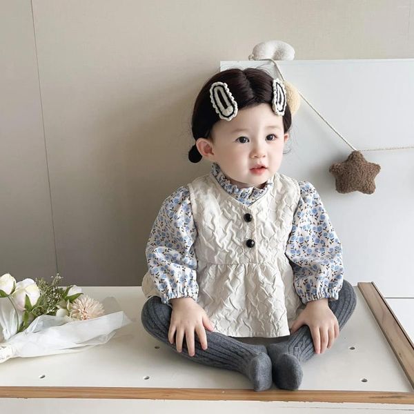 Clothing Sets 2023 Autumn Korean Born Baby Girls 2PCS Clothes Cotton Floral Long Sleeve Romper Ruched Vest Suit Infant Girl Outfits