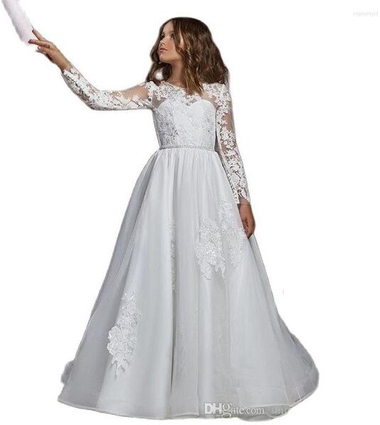 Girl Dresses Long Sleeves Flower Girls For Wedding A Line Jewel Sweep Train First Communion Gown Little Princess Formal