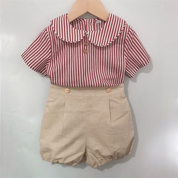 Clothing Sets 2Pcs Children Boutique Clothing Set Spanish Baby Short Sleeve Cotton Linen Striped Suit For Girls and Boys Eid Clothes 0-6years 230422