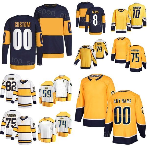 Men Kids Women Hockey 59 Roman Josi Jersey 82 Novak 9 Filip Forsberg 8 Cody Glass 10 Colton Sissons 75 Juuso Parssinen 74 Juuse Saros 13 Yakov Trenin Yellow White Navy