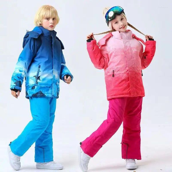 Women&#039;s Trench Coats Children Ski Suit Kids Snowboarding Snow Warm Outdoor Wear Boy Girl Coat Strap Pants Skiing Clothes