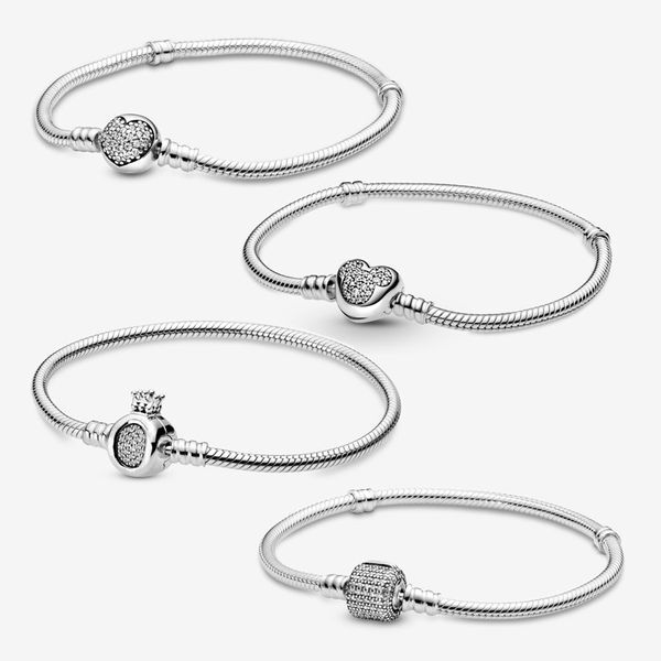925 Sterling Silver Charm Bracelets For Women Fit Pandora Beads Fine Jewelry Brilliant Crown Hearts Styles Basic Snake Chain Bracelet Lady Gift With Original Box