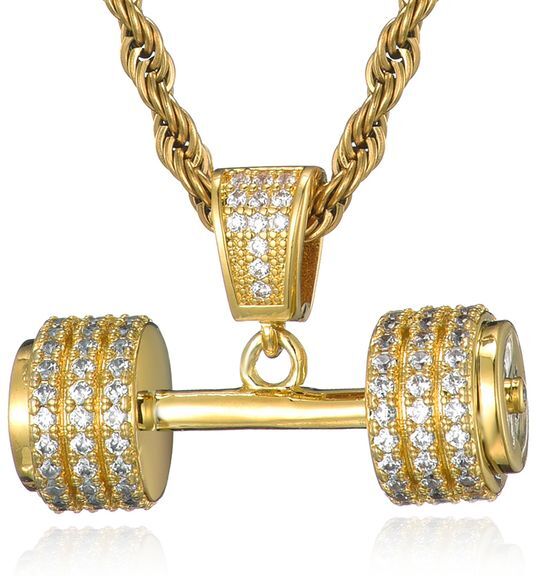 Iced Out Bling Rhinestone Rope Chain Necklace Barbell Gym Fitness Dumbbell Gold Color Hand Pendants Necklaces For Men Jewelry