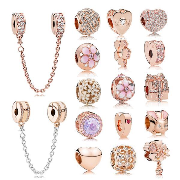 NEW 100% 925 Sterling Silver pandora 1:1 Authentic Charm Rose Gold Daisies Heart-Shaped Rabbit Beaded Safety Clip Safety Chain