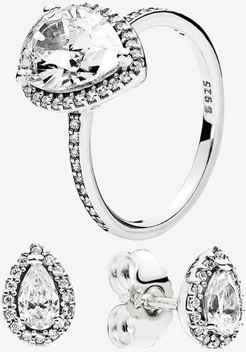 Authentic 925 Silver Teardrop RING and EARRING sets Original box for Pandora CZ diamond Women Wedding Jewelry tear drop Ring stud Earring