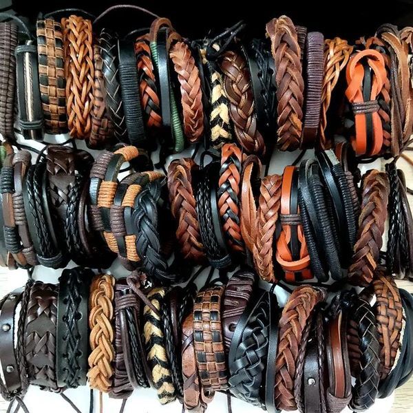 Bracelets 50pcs/lot Multilayer Wrap Braided Rope Leather Bracelet Male Female Punk Wristbands Cuff Can Be Adjusted Wholesale Boy Bangles