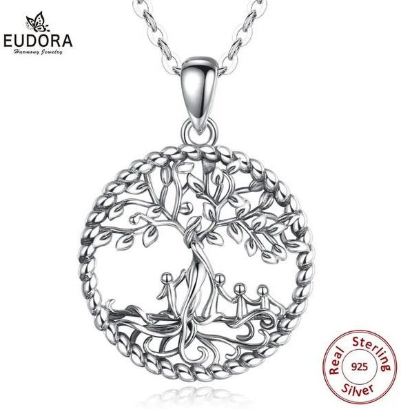 Pendants EUDORA Sterling Silver Tree of Life Necklace Women and four cute baby style Pendant with box Jewelry Gift for Grandma mom D4754