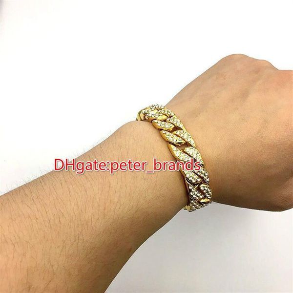 New Solid Gold Plated CUBAN LINK Shiny Diamond Bracelet Hip Hop Bling Jewelry Hipster Men Wristband Bangle214Y