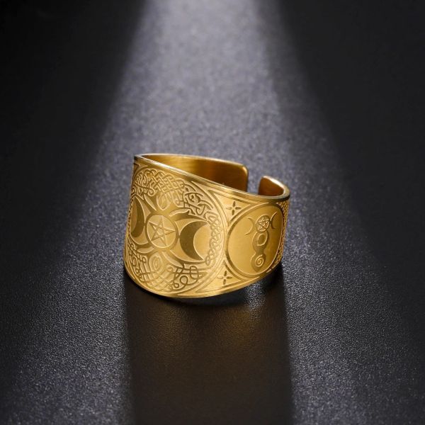 Viking Tree of Life Open 14k Gold Rings for Men Pentagram Triple Moon Goddess Ring Vintage Magic Amulet Wicca Jewelry