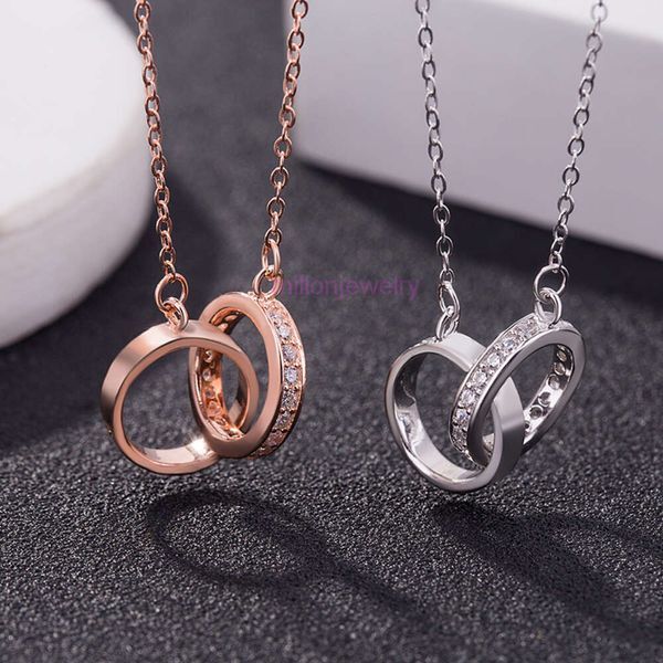 screw bracelet carter S925 Sterling Silver double ring buckle Necklace circle slightly inlaid with Diamond Fashion clavicle pendant plated with rose gold